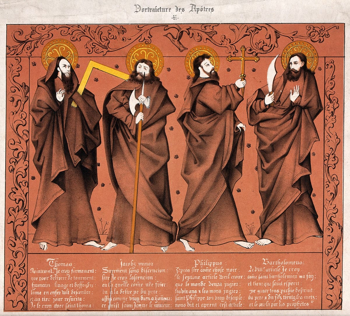 Saint Thomas, Saint James the Less, Saint Philip and Saint Bartholomew. Color lithograph (mid to late 19th century) - Public Domain Catholic Drawing