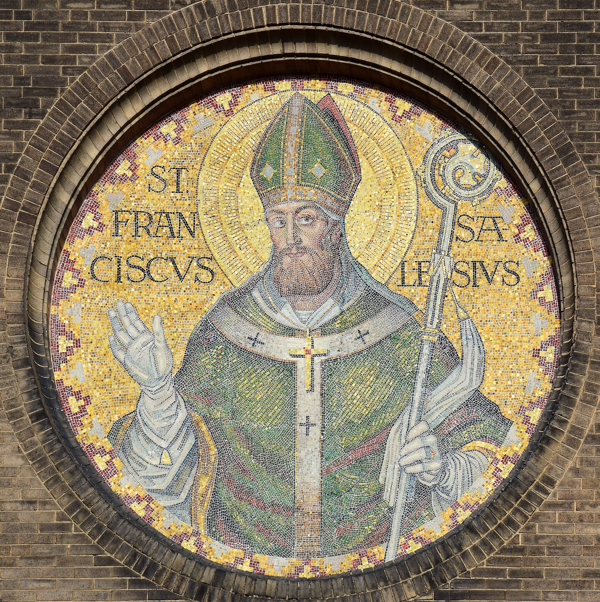 Mosaic of Francis de Sales on the exterior of St. Francis de Sales Oratory in St. Louis, Missouri (2017) by RickMorais - Catholic Stock Photo