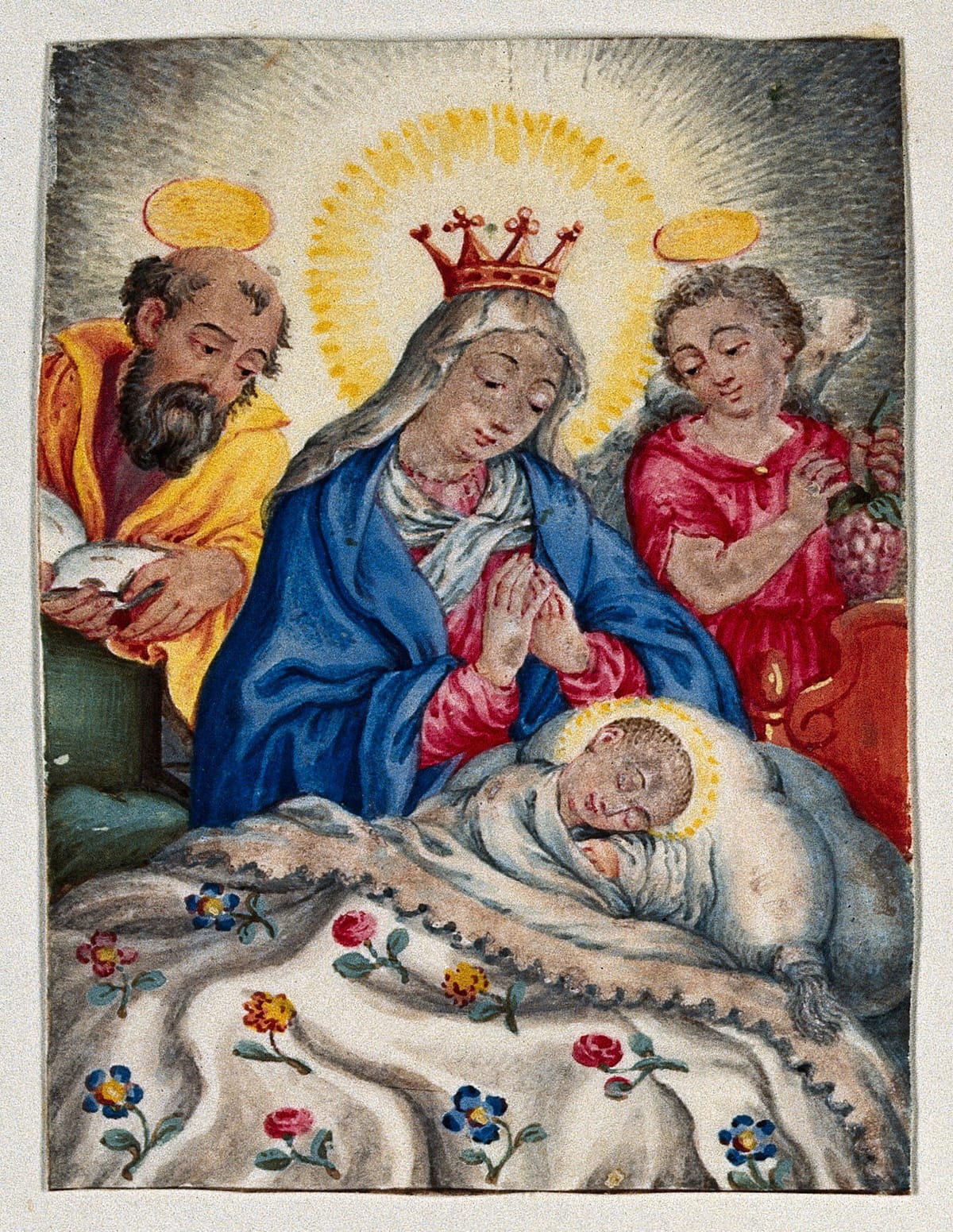 Saint Mary (the Blessed Virgin) and Saint Joseph with the Christ Child and an Angel. Gouache Painting (14th-16th Centuries?) Author Unknown - Public Domain Catholic Painting