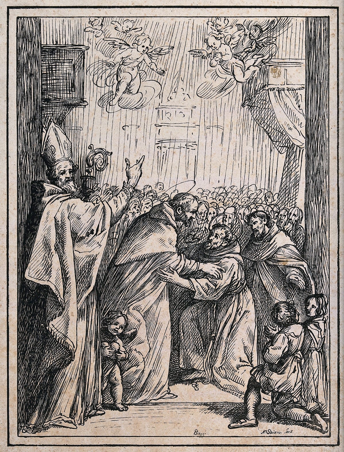 A bishop saint (Saint Nicholas?) with Saint Dominic Guzman (?) greeting two monk saints, surrounded by a crowd of onlookers (1811) by Giovanni Battista Paggi - Public Domain Catholic Drawing