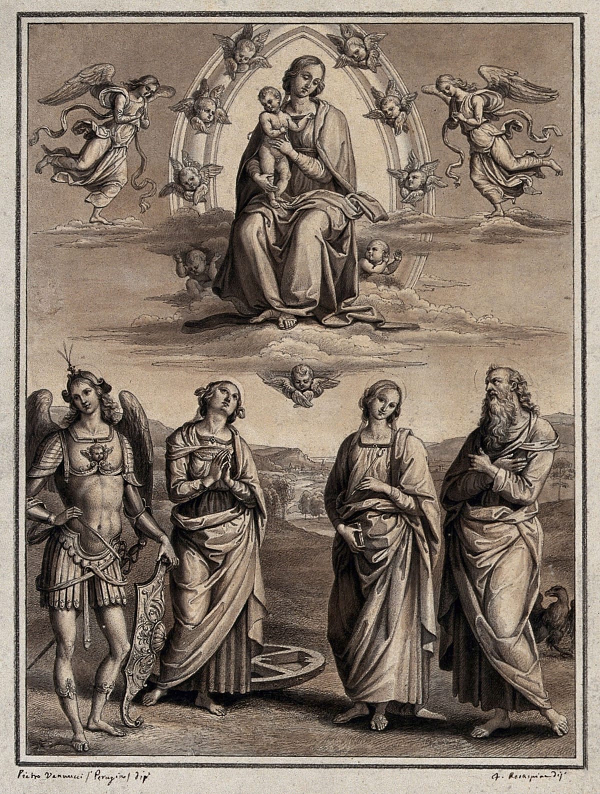 The Virgin with four saints: the archangel Michael, Saint Catherine of Alexandria, Saint Apollonia, and Saint John the Evangelist. (1830) by F. Rosaspina - Public Domain Catholic Drawing