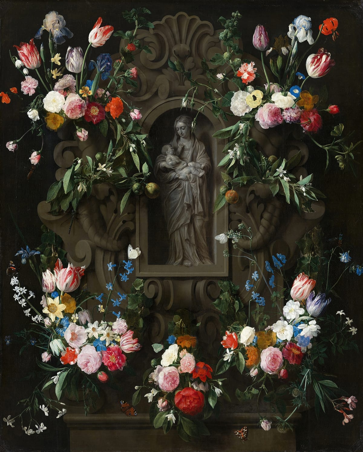 Garland of Flowers surrounding a Sculpture of the Virgin Mary  by Daniel Seghers (Flemish, 1645) - Public Domain Catholic Painting