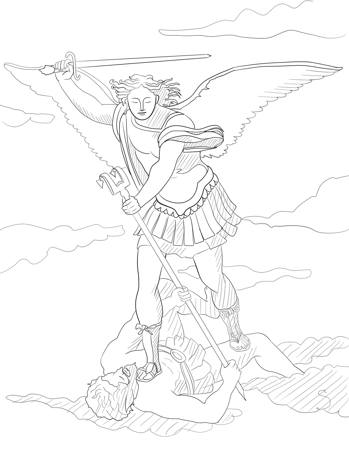 Saint Michael Defeating Satan (2025) by Shalone Cason - Public Domain Catholic Coloring Page