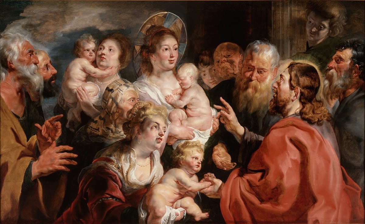 Suffer the Little Children to Come Unto Me (1615–16) by Jacob Jordaens (Flemish) - Public Domain Catholic Painting