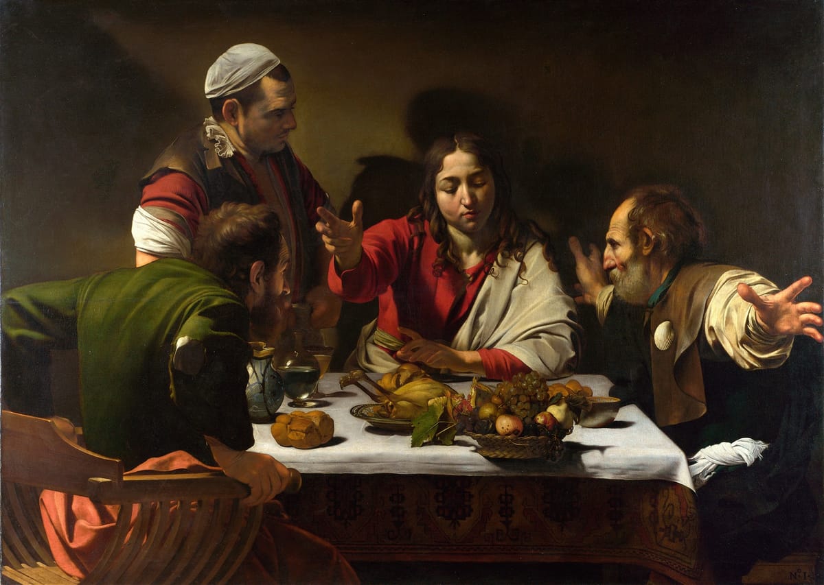 Supper at Emmaus (1601) Caravaggio (Italian) - Public Domain Catholic Painting
