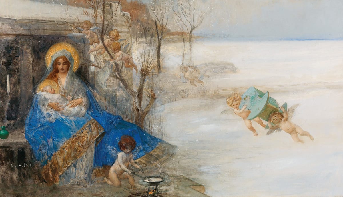 Madonna And Child Surrounded By Angels by Eduard Veith (Austrian, 1856 - 1925) - Public Domain Catholic Painting