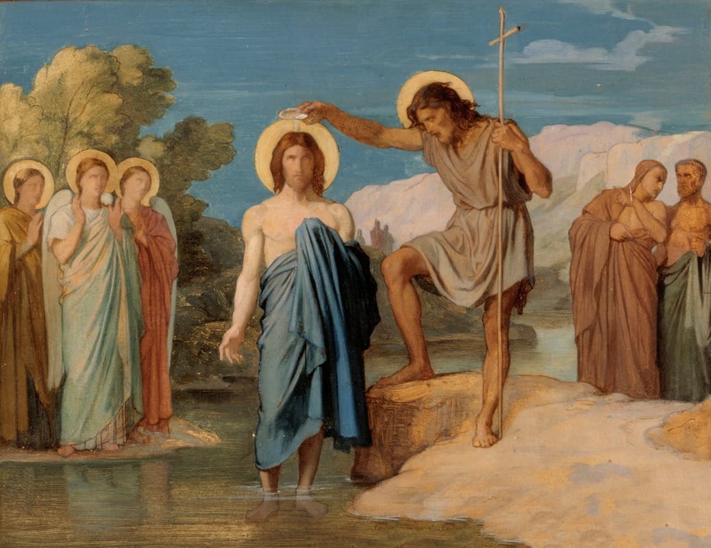 Le baptême du Christ (1858) Jean-Hippolyte Flandrin (French, 1809 – 1864) - Public Domain Catholic Painting