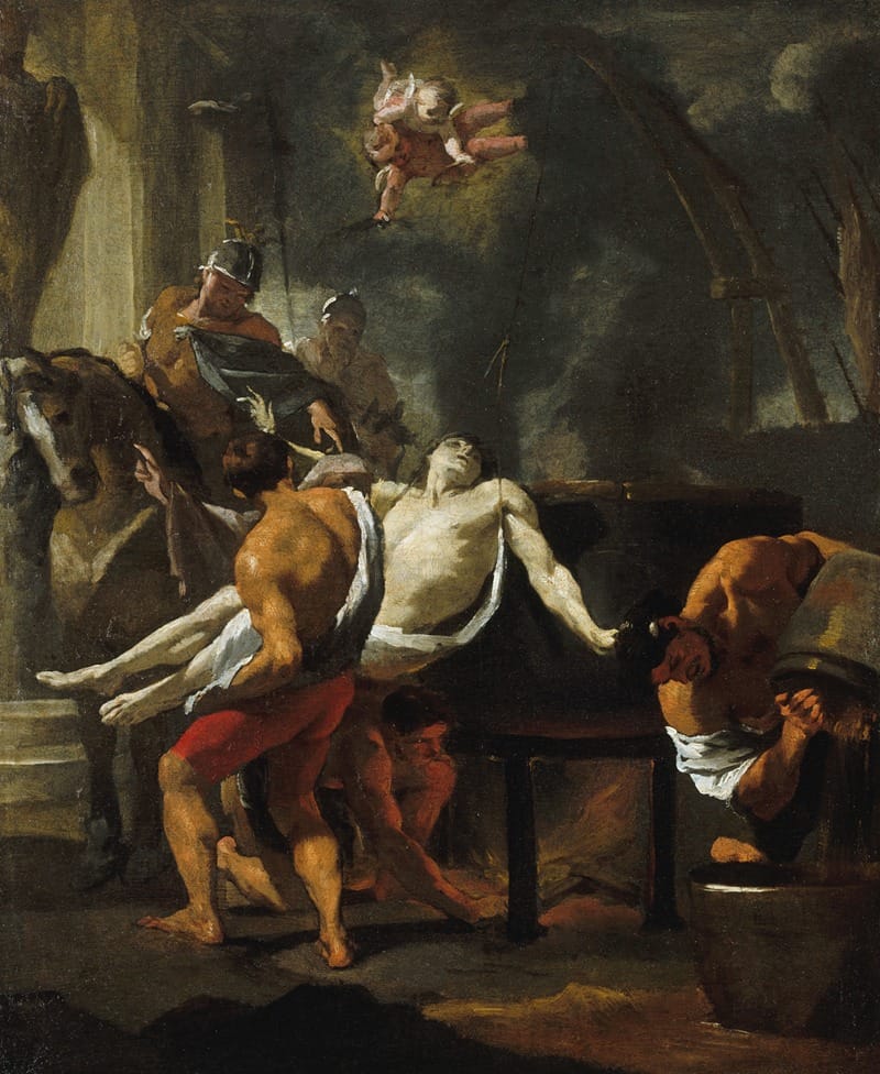 Martyre de saint Jean l’évangéliste, à la porte Latines (Martyrdom of Saint John the Evangelist, at the Latin Gate) (1637 - 1647) by Workshop of Charles Le Brun (France) - Public Domain Catholic Painting
