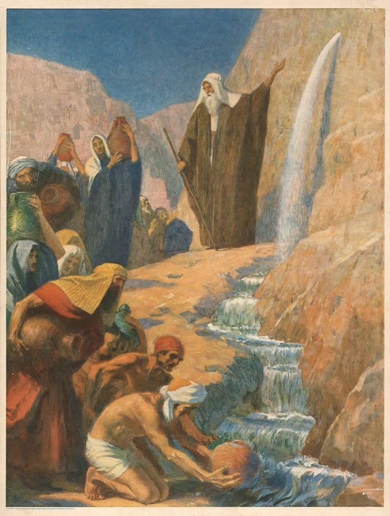 Moses strikes the rock for water (1932) by Gebhard Fugel - Public Domain Catholic Painting