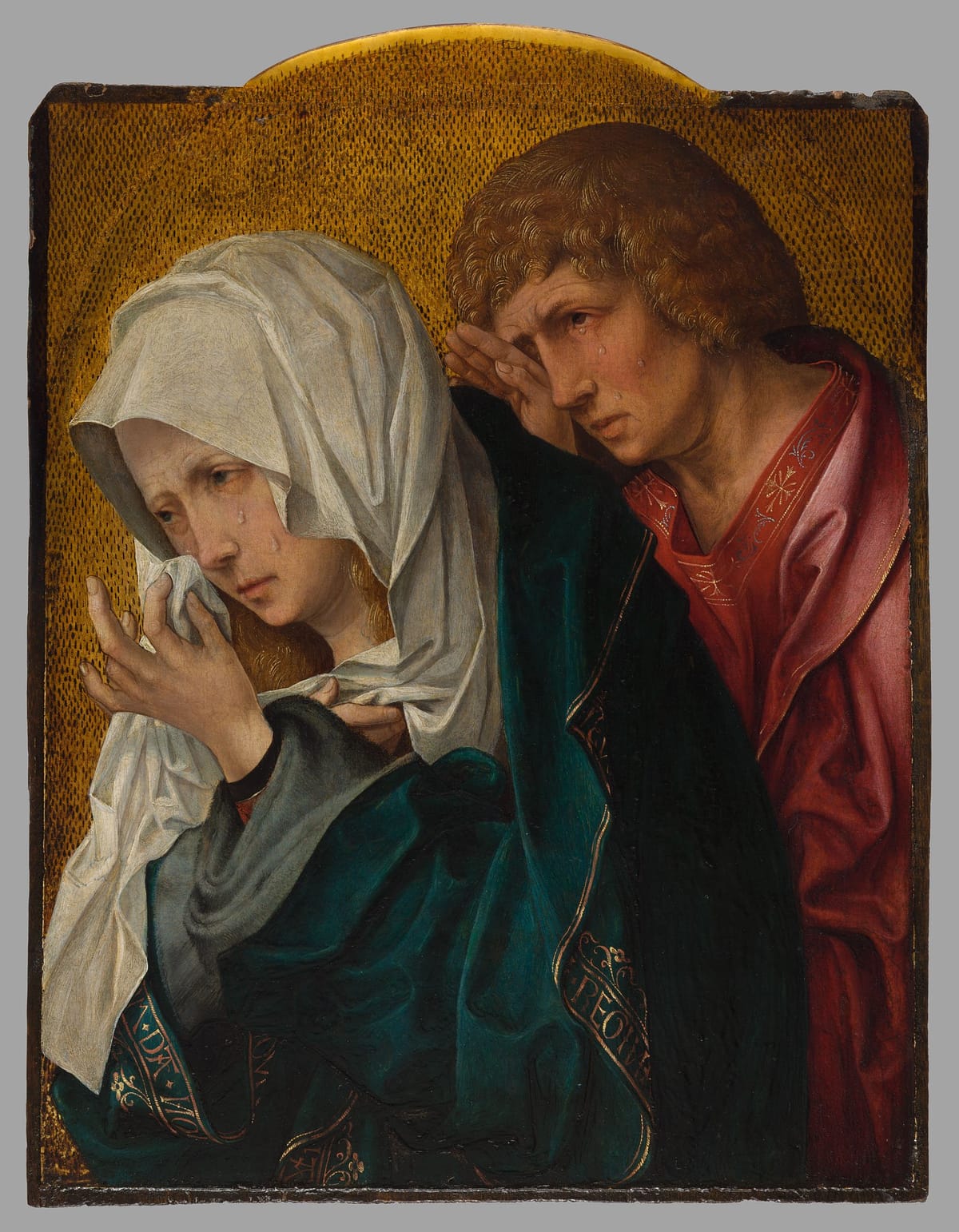 The Virgin and Saint John the Evangelist (1520) by Workshop of Jacob Cornelisz. van Oostsanen - Public Domain Catholic Painting