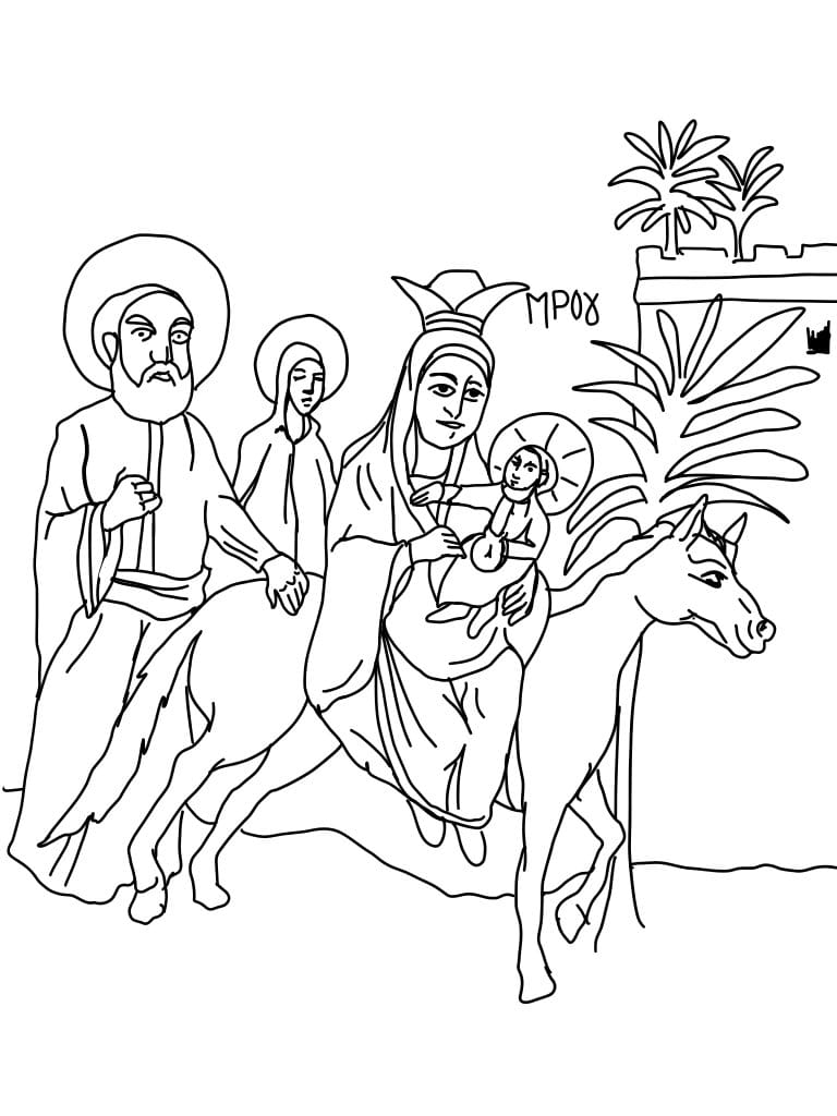 Flight into Egypt Coptic Icon (2025) by Angelo Cason Jr. - Public Domain Orthodox Icon Coloring Page
