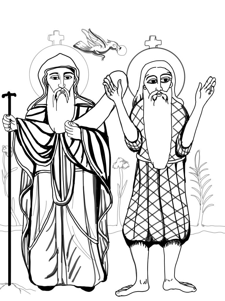 Saints Anthony the Great and Paul of Thebes Coptic Icon (2025) by Angelo Cason Jr. - Public Domain Orthodox Icon Coloring Page
