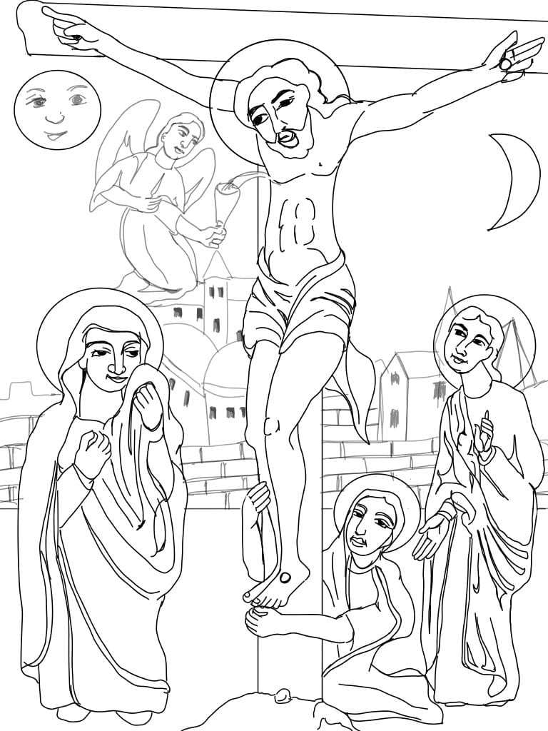 Crucifixion Coptic Icon (2025) by Angelo Cason Jr. - Public Domain Orthodox Icon Coloring Page