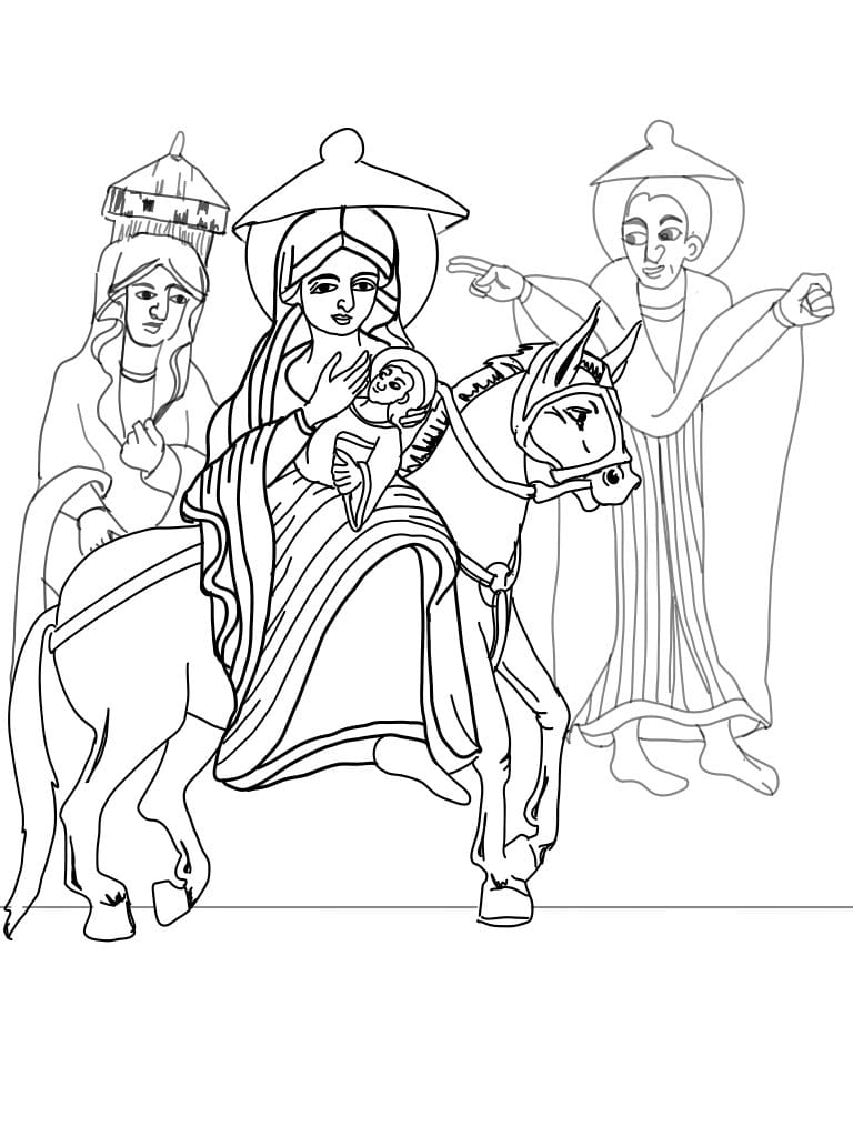 Flight into Egypt Coptic Icon (2025) by Angelo Cason Jr. - Public Domain Orthodox Icon Coloring Page