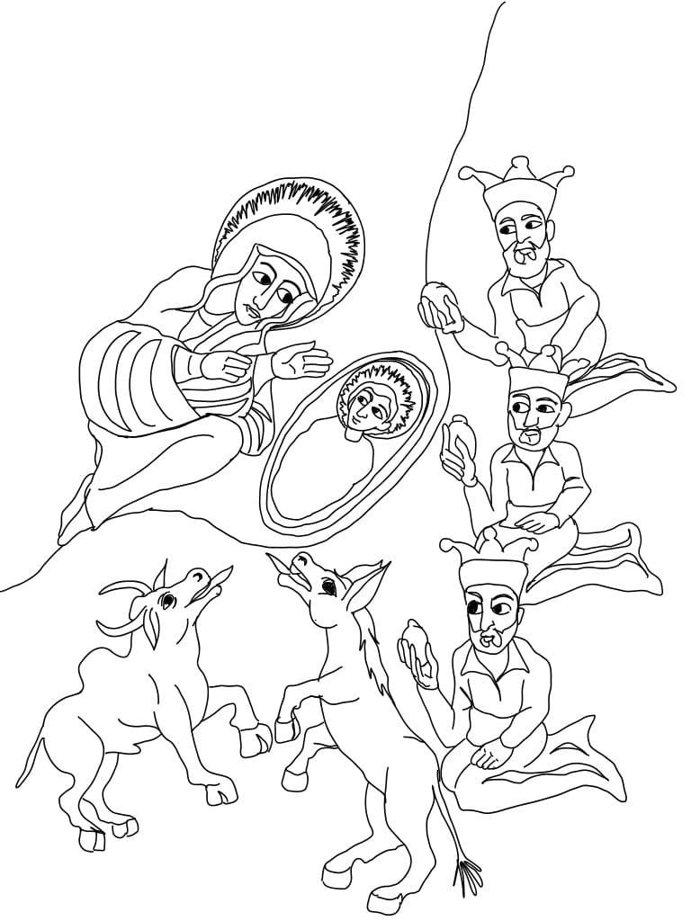Nativity Ethiopian Icon (2025) by Angelo Cason Jr. - Public Domain Orthodox Icon Coloring Page