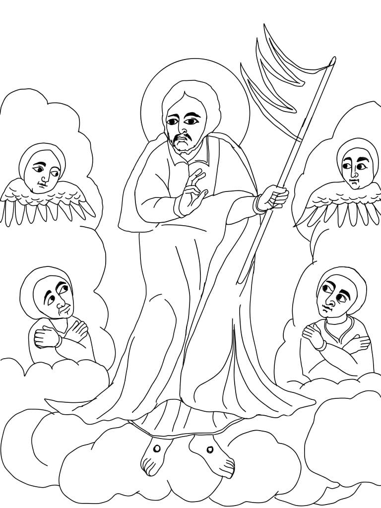 Risen Christ with Angels, Ethiopian Icon (2025) by Angelo Cason Jr. - Public Domain Orthodox Icon Coloring Page