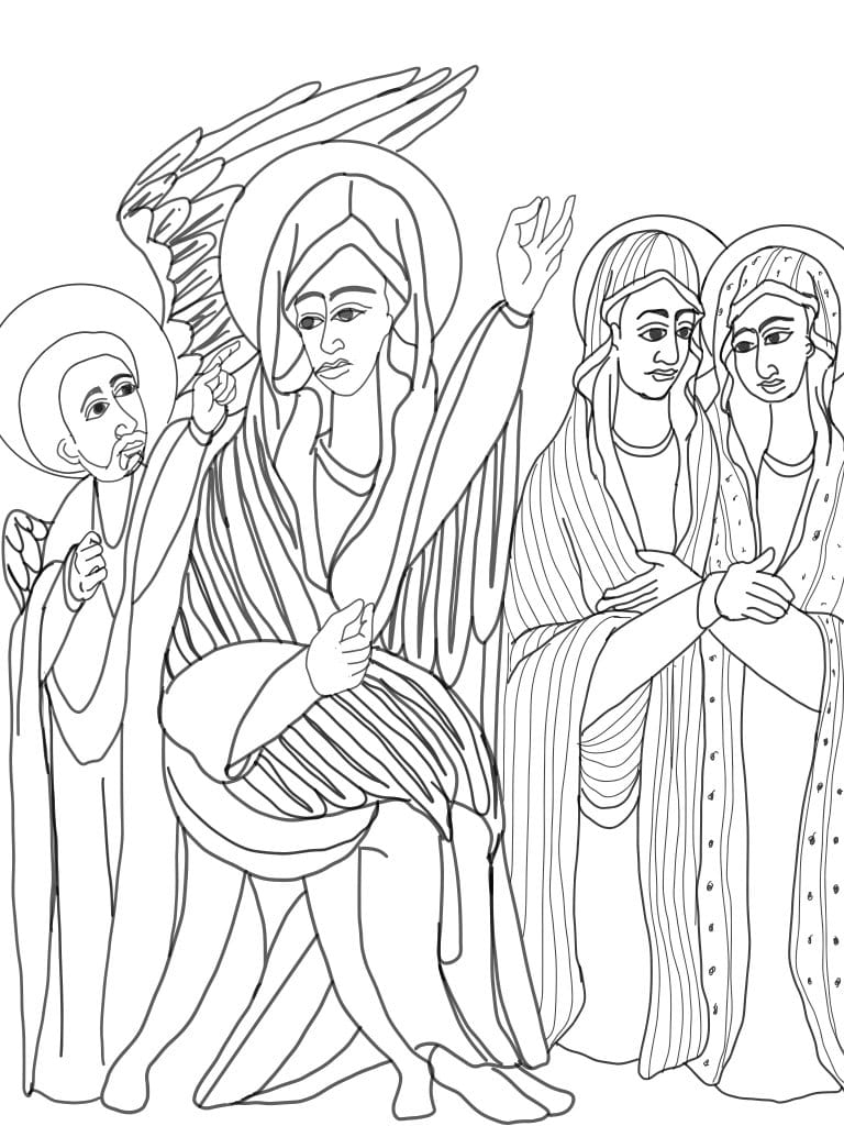 Virgins with an Angel, Ethiopian Icon (2025) by Angelo Cason Jr. - Public Domain Orthodox Icon Coloring Page