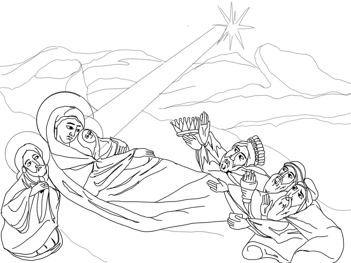 Nativity with Magi Coptic Icon (2025) by Angelo Cason Jr. - Public Domain Orthodox Icon Coloring Page