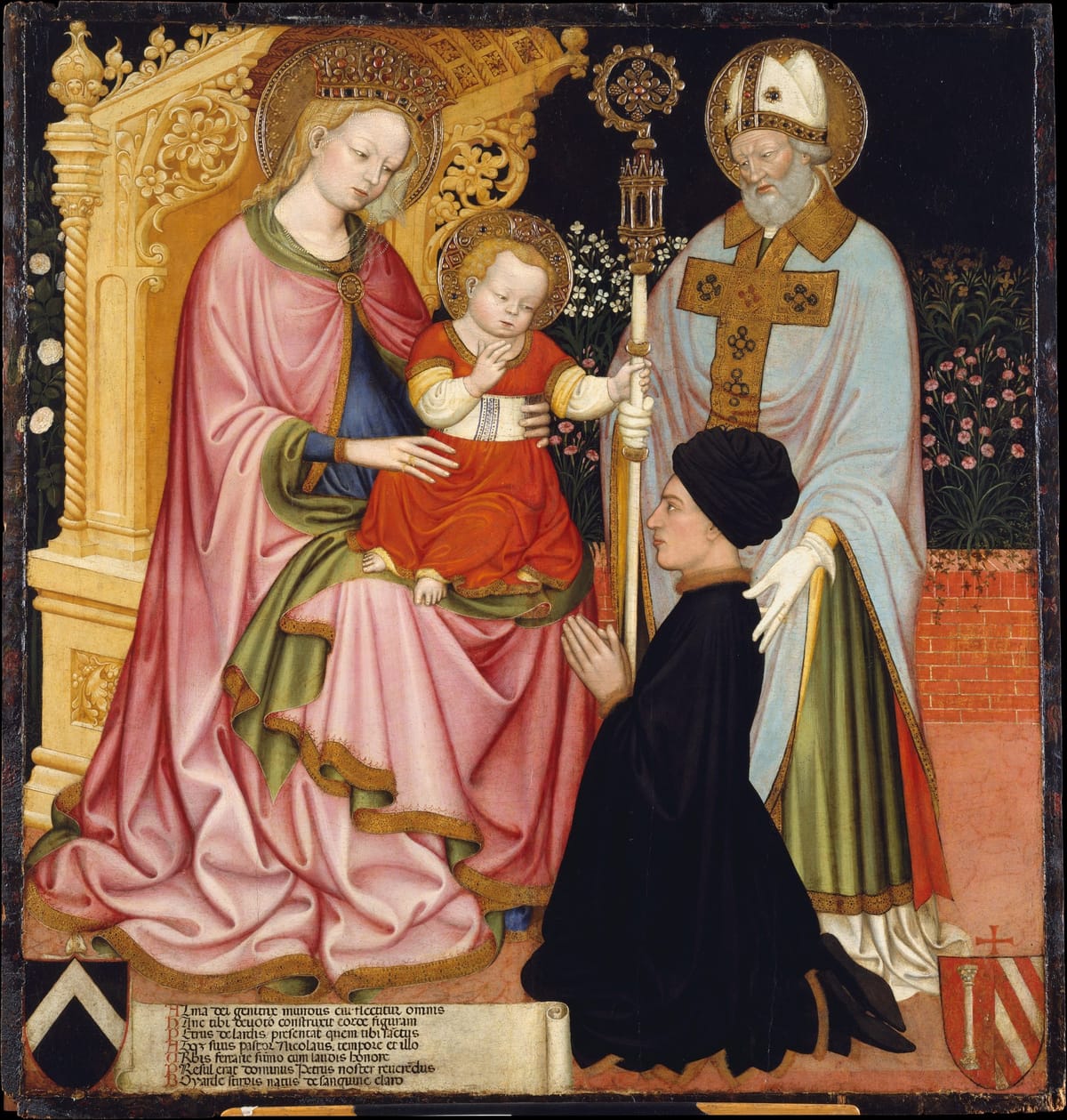 Madonna and Child with the Donor, Pietro de' Lardi, Presented by Saint Nicholas (ca. 1420–30) by Master G.Z. (possibly Michele dai Carri) - Public Domain Catholic Painting