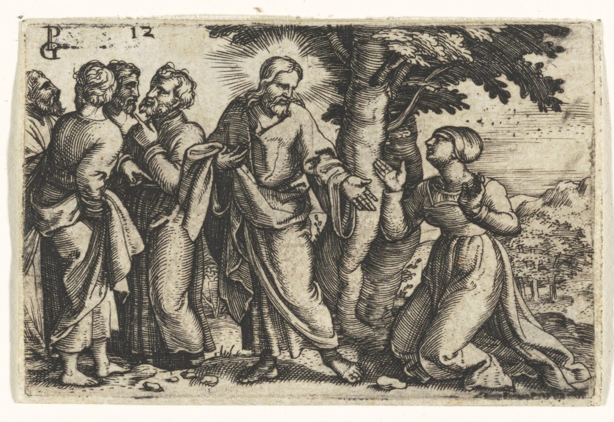 Jesus and the Woman Taken in Adultery (15th-16th century) by Georg Pencz - Public Domain Catholic Painting