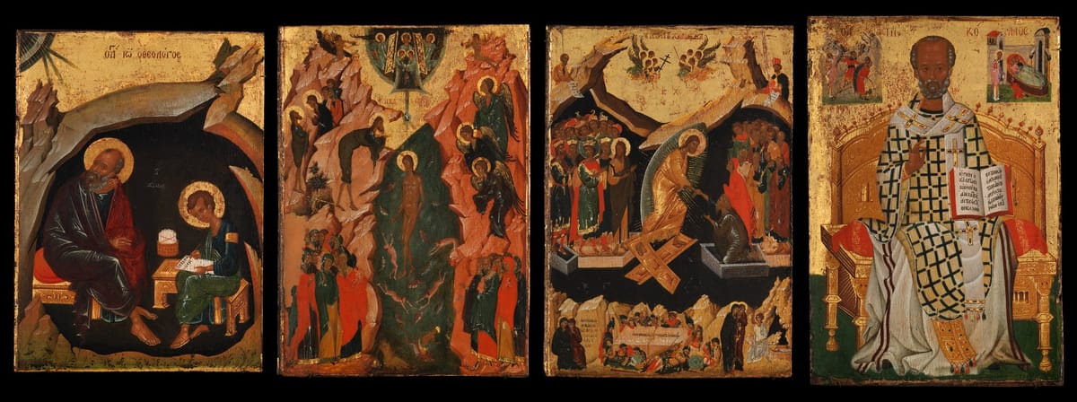 Four Icons from a Pair of Doors (Panels), possibly part of a Polyptych: John the Theologian and Prochoros, the Baptism (Epiphany), Harrowing of Hell (Anastasis), and Saint Nicholas (early 15th century) by unknown - Public Domain Orthodox Icon