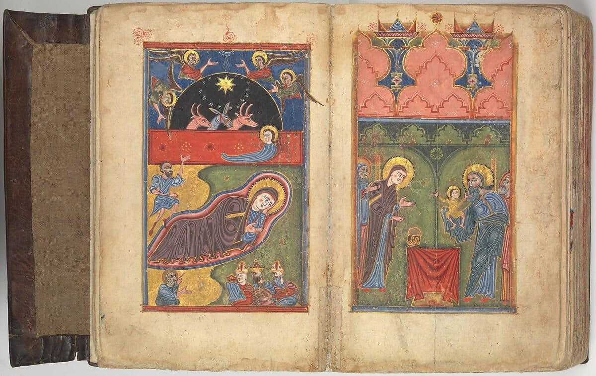 Four Gospels in Armenian - Folios 5v-6r, The Nativity / Presentation in the Temple (1434-1435) - Public Domain Orthodox Stock Photo
