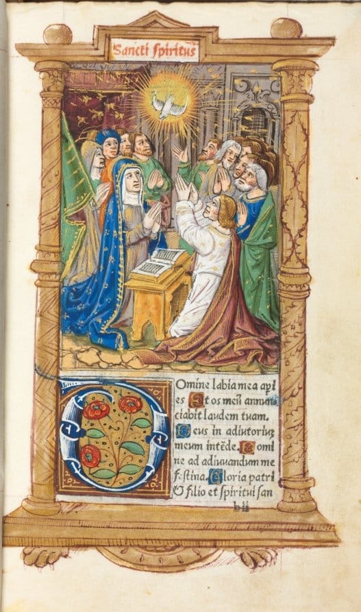 Printed Book of Hours (Use of Rome):  fol. 58r, Pentecost  (1510) by Guillaume Le Rouge - Public Domain Catholic Painting