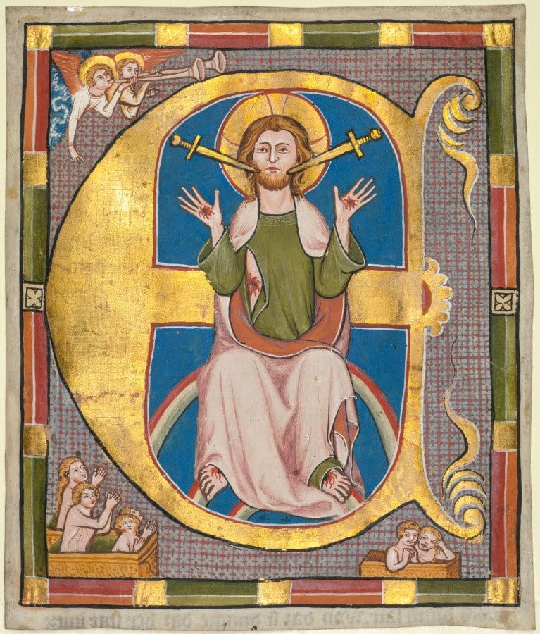 Initial E from a Municipal Law Book: The Last Judgment (1330) - Public Domain Catholic Painting
