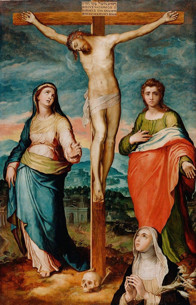 Christ on the Cross with Saints Mary, John the Evangelist and Catherine of Siena (1570) by Marco Pino - Public Domain Catholic Painting