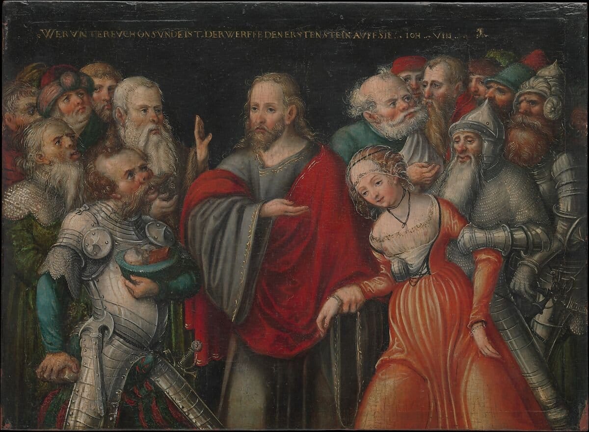 Christ and the Adulteress (1545-1550) by Lucas Cranach the Younger and Workshop - Public Domain Catholic Painting