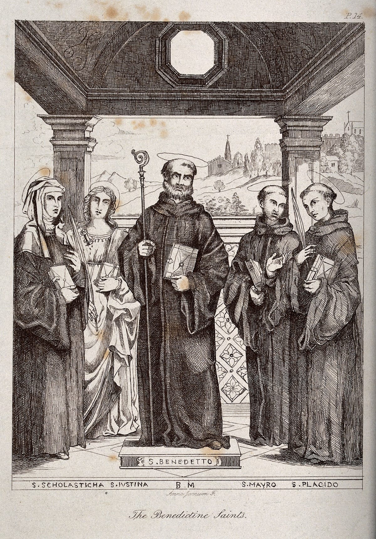 Five Benedictine saints: Saint Benedict, Saint Scholastica, Saint Justina, Saint Maurus, and Saint Placidus (1800-1899) by Anna Jameson - Public Domain Catholic Painting