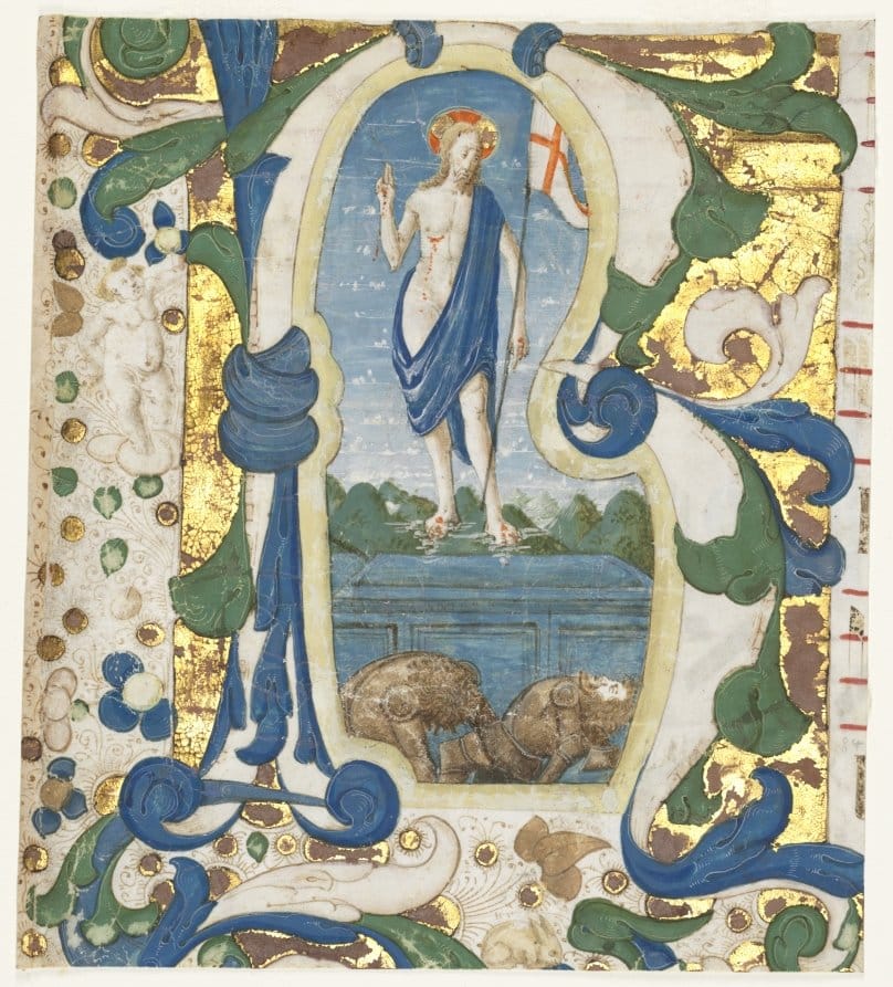 Historiated Initial (R) Excised from an Antiphonary: The Resurrection (1470-1475) by Francesco d'Antonio del Cherico - Public Domain Catholic Painting