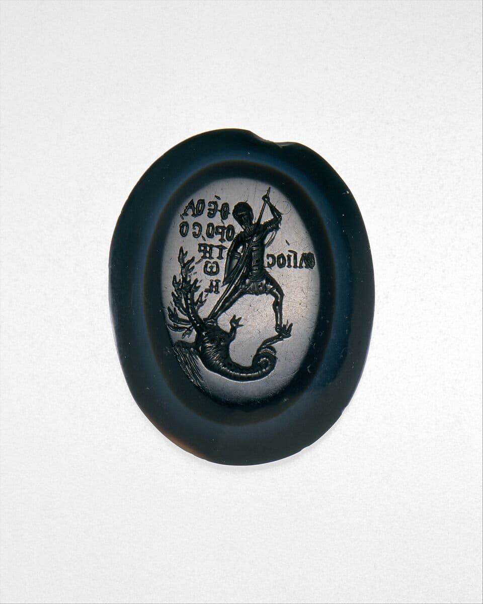 Intaglio with Saint Theodore Teron Slaying a Many-Headed Dragon (1300) - Public Domain Orthodox Stock Photo