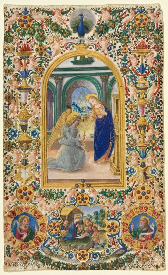 Leaf from a Book of Hours: Annunciation, Nativity and Two Prophets (1485) by Master of Riccardiana 231 - Public Domain Catholic Painting