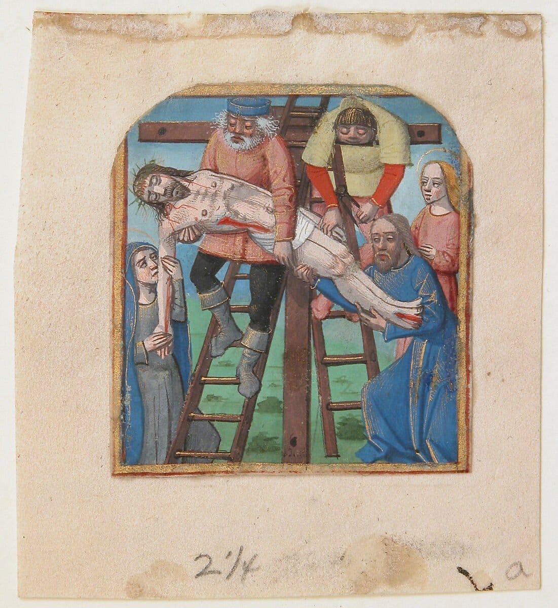 Manuscript Illumination with the Descent from the Cross, from a Book of Hours (15th century) - Public Domain Catholic Painting