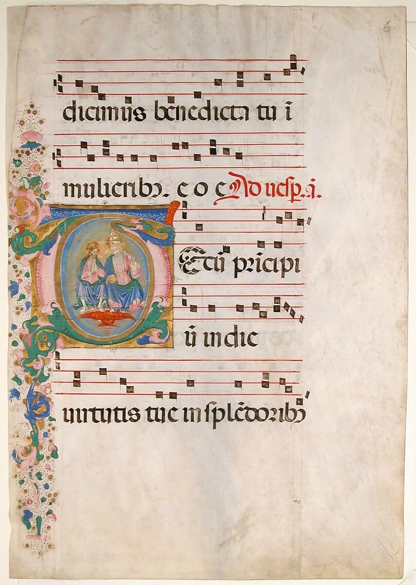 Manuscript Leaf with the Trinity in an Initial T, from an Antiphonary (15th century) by Master of the Riccardiana Lactantius - Public Domain Catholic Painting