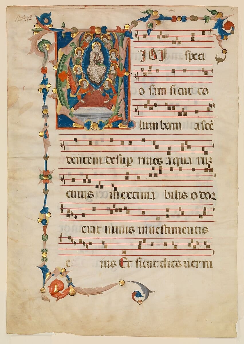 Manuscript Leaf with the Assumption of the Virgin in an Initial V, from an Antiphonary (1340) by Niccolò di ser Sozzo - Public Domain Catholic Painting
