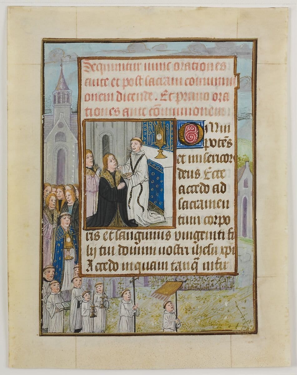 Manuscript Leaf with the Holy Communion, from a Book of Hours (1500) - Public Domain Catholic Painting