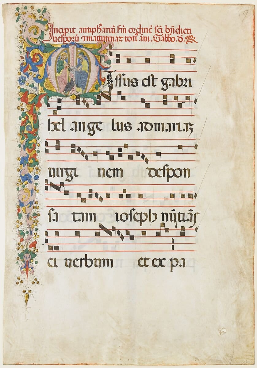 Manuscript Leaf with Saint John the Evangelist and Saint John the Baptist in an Initial M (15th century) by Master of the Riccardiana Lactantius - Public Domain Catholic Painting
