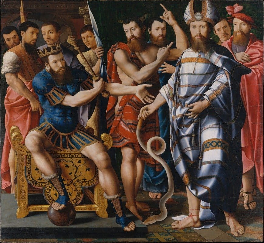 Moses and Aaron before Pharaoh (Allegory of the Dinteville Family) (1537) by Master of the Dinteville Allegory - Public Domain Catholic Painting