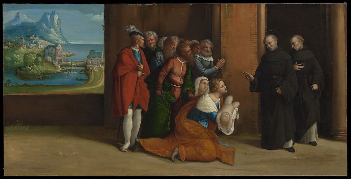 Saint Nicholas of Tolentino Reviving a Child (1530) by Garofalo (Benvenuto Tisi da Garofalo) - Public Domain Catholic Painting