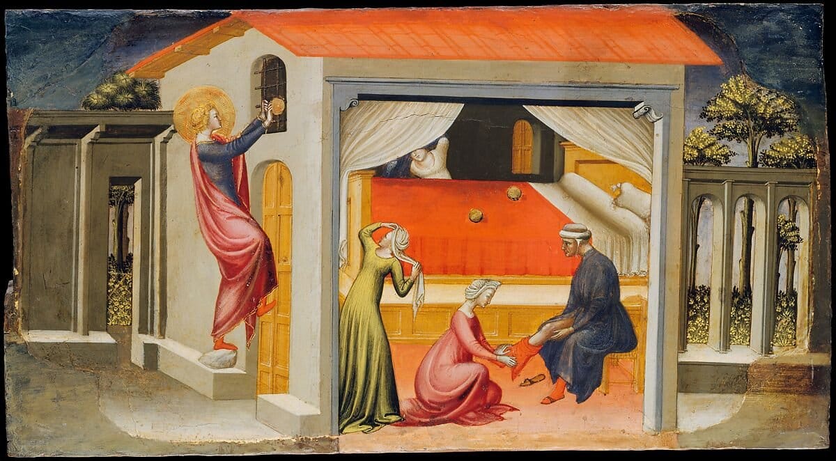 Saint Nicholas Providing Dowries (1433-1435) by Bicci di Lorenzo - Public Domain Catholic Painting