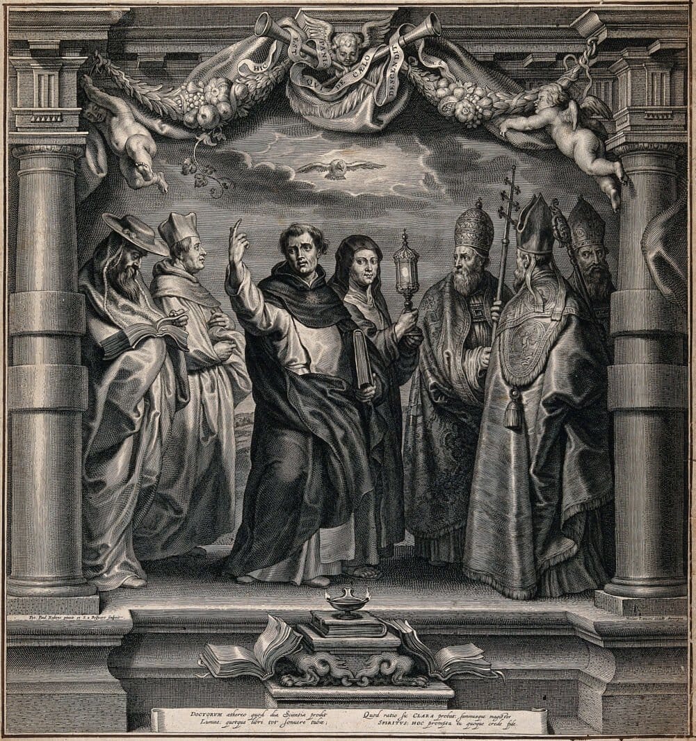 Saints Jerome, Bernard, Dominic, Clare, Gregory, Ambrose and Augustine (17th century) by Schelte a Bolswert - Public Domain Catholic Painting