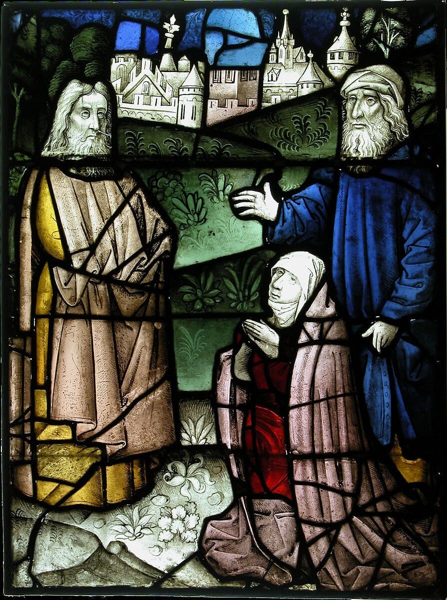 Stained Glass Panel with a Holy Man and Two Suppliants (15th century) - Public Domain Catholic Stock Photo