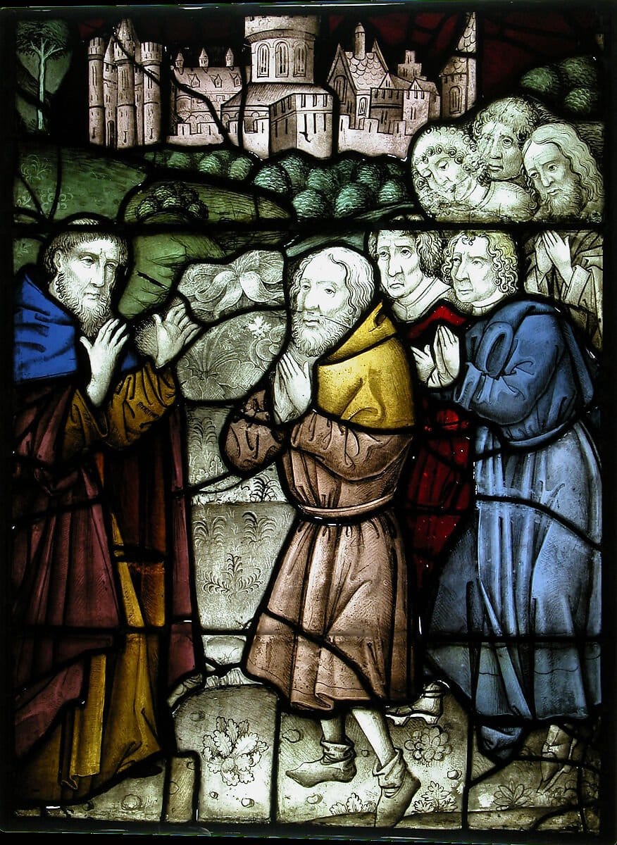 Stained Glass Panel with a Holy Man and Six Suppliants (15th century) - Public Domain Catholic Stock Photo