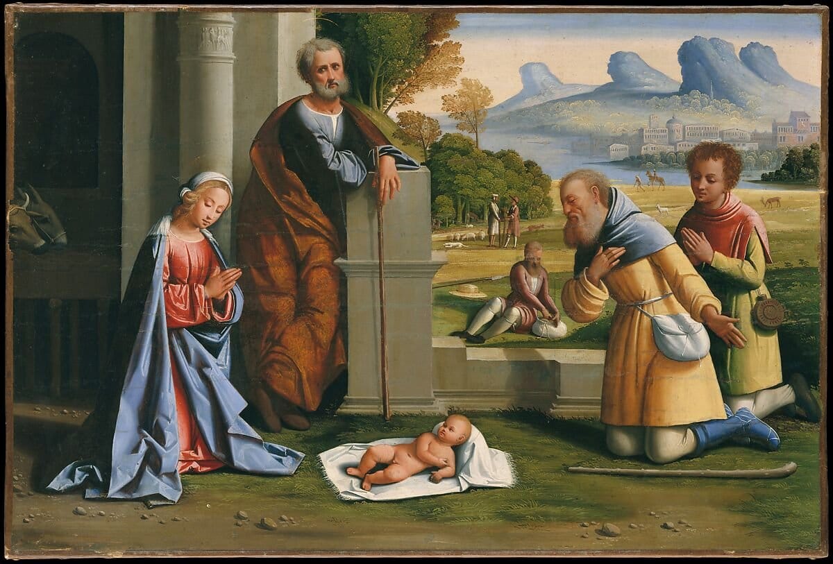 The Adoration of the Shepherds (1520-1529) by L'Ortolano - Public Domain Catholic Painting