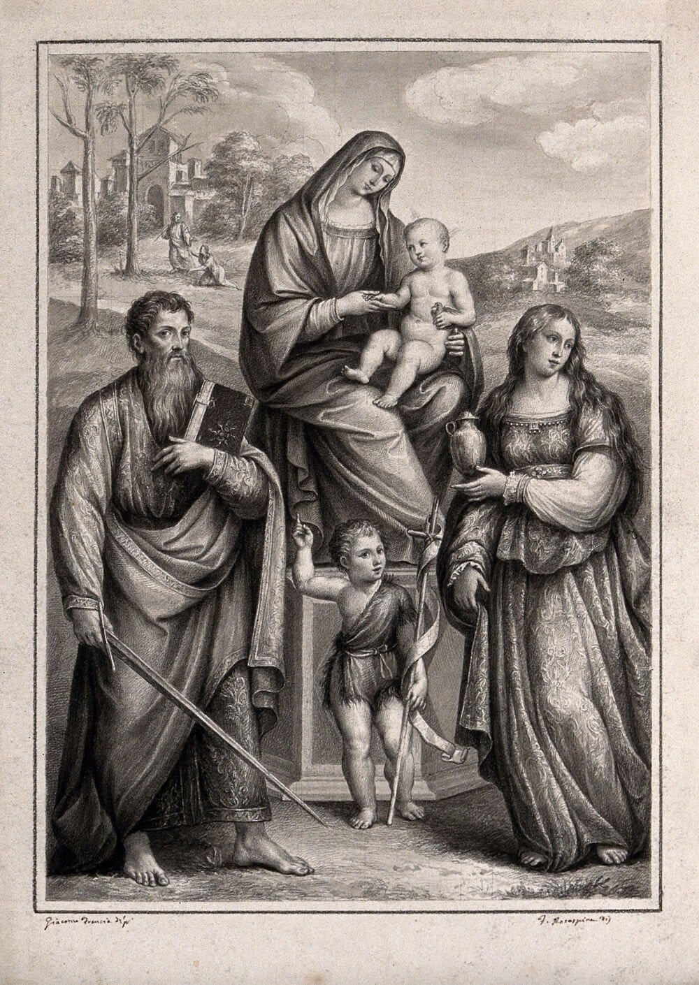 The Virgin Mary with the Christ Child, Saint John the Baptist, Saint Paul and Saint Mary Magdalene (1830) by Francesco Rosaspina - Public Domain Catholic Coloring Page