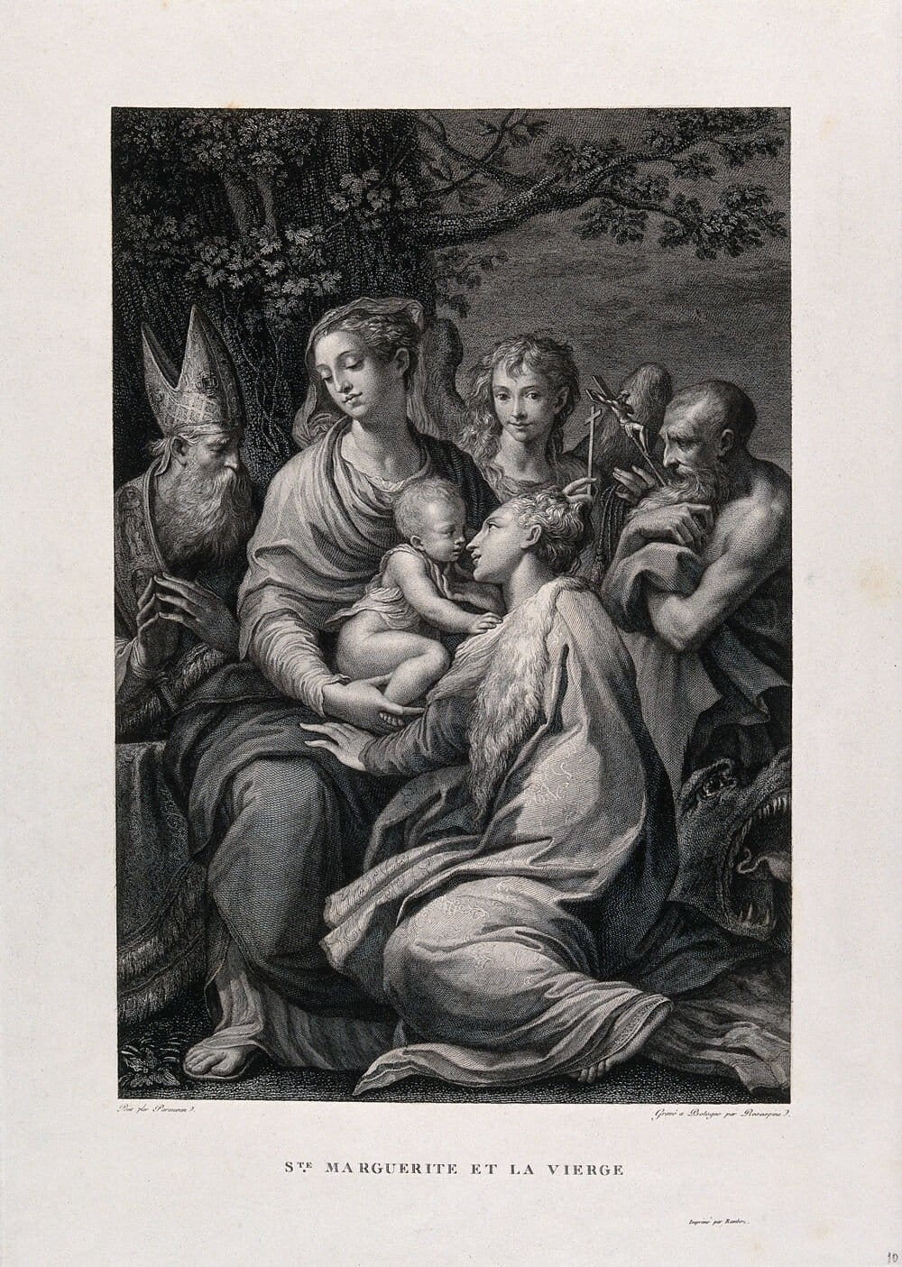 Virgin and Child with Saint Jerome and Saint Margaret (1800-1809) by Francesco Rosaspina, after Parmigianino - Public Domain Catholic Painting