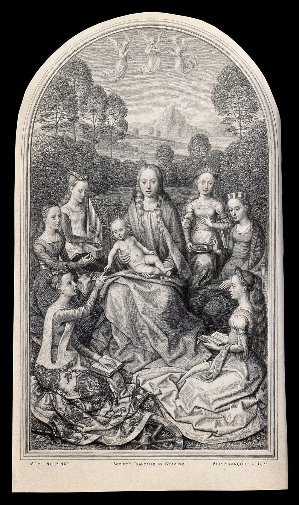 Virgin and Child with Saints Catherine, Agnes, Cecilia, Lucy, Margaret and Barbara (1873) by Alphonse François - Public Domain Catholic Painting