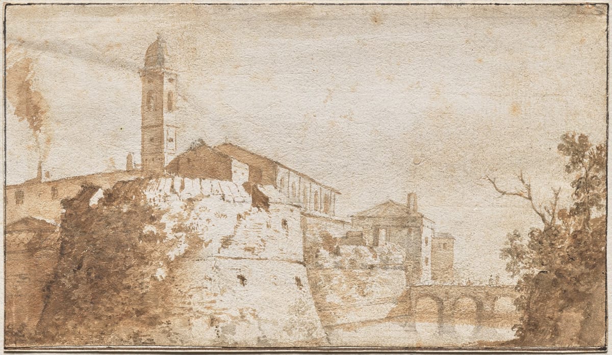 A View of Bracciano with the Church of S. Maria Assunta (1619-1633) by Bartholomeus Breenberg - Public Domain Catholic Painting